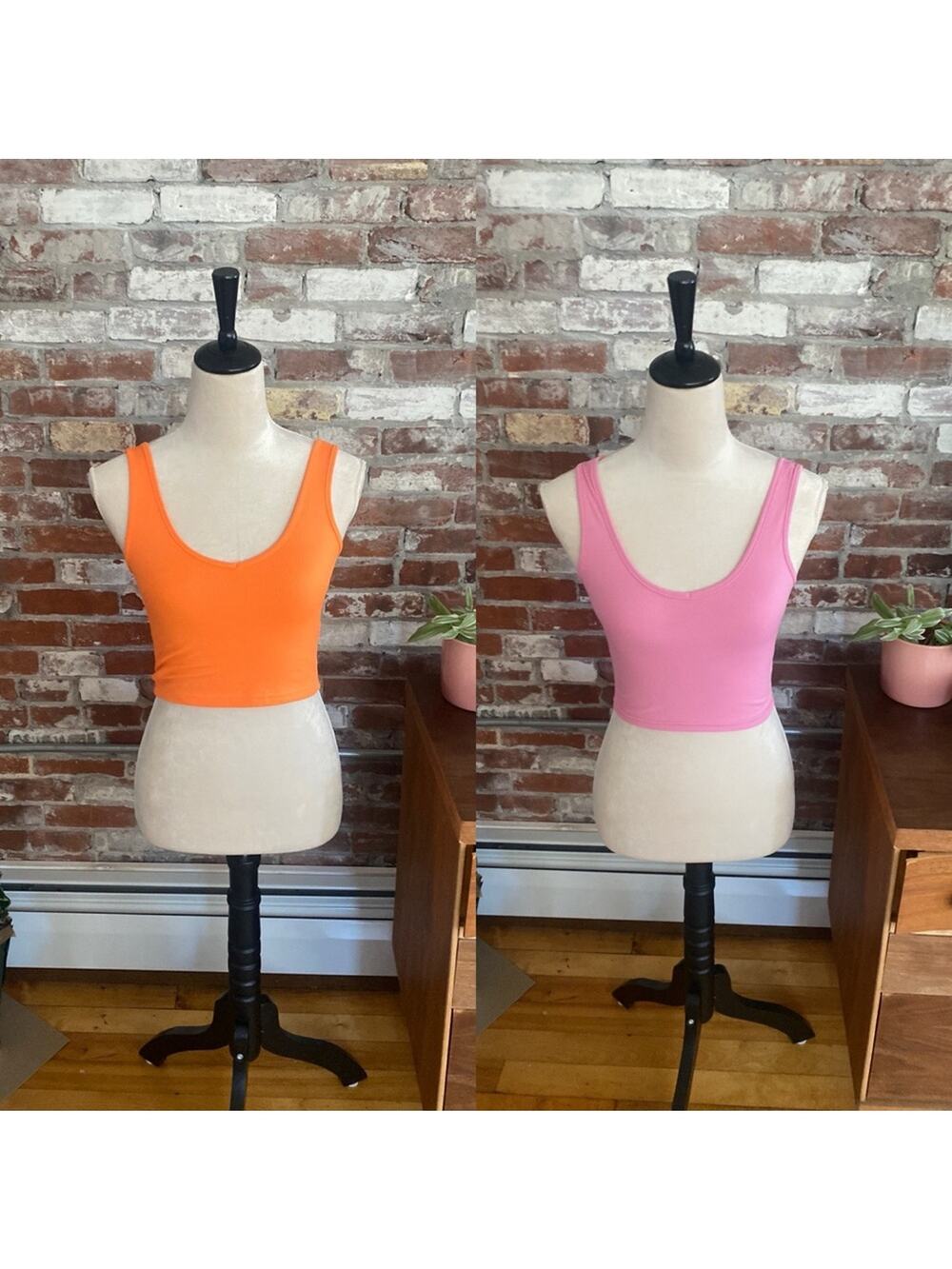 Shein Set of Two Pink and Orange Ribbed V Neck Crop Top Tank Tops Size 2